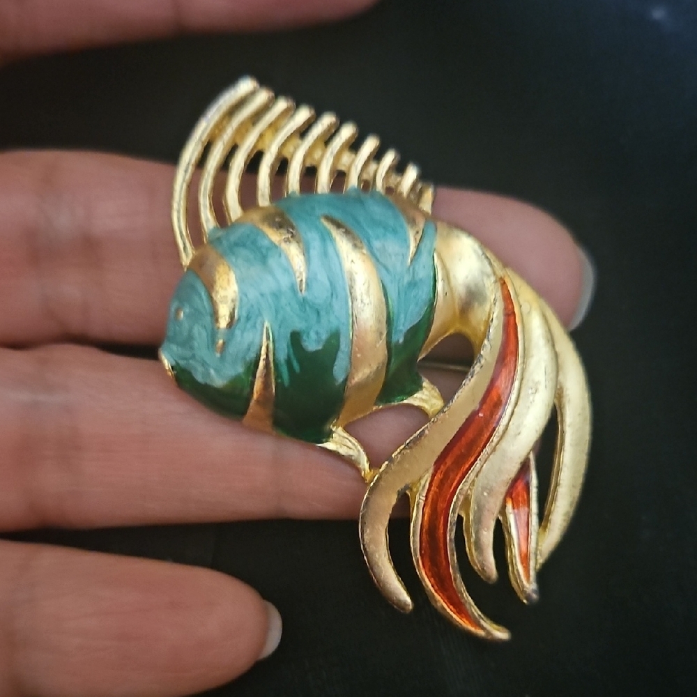 Elegant Gold and Green Enameled Fish Brooch Signed A.J.C.